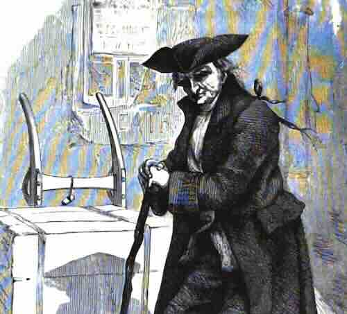 Black and white illustration of an old man with a tricorn hat leaning on a cane.